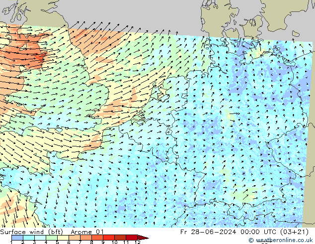 Wind 10 m (bft) Arome 01 vr 28.06.2024 00 UTC