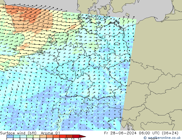 Wind 10 m (bft) Arome 01 vr 28.06.2024 06 UTC