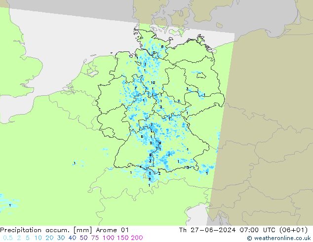 Precipitation accum. Arome 01 星期四 27.06.2024 07 UTC