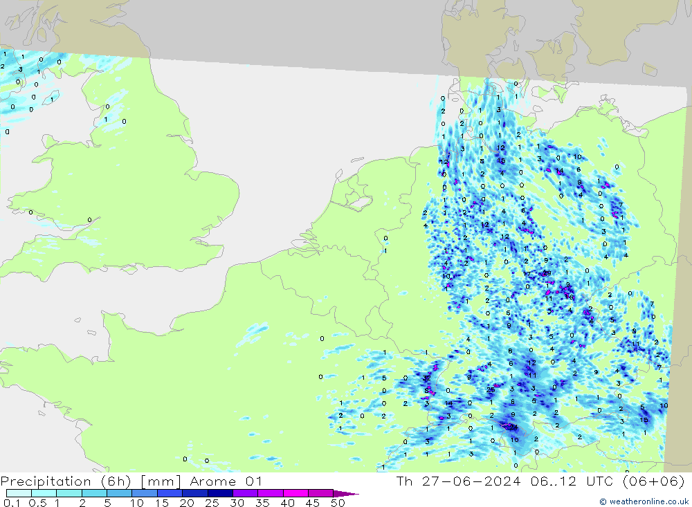 降水量 (6h) Arome 01 星期四 27.06.2024 12 UTC
