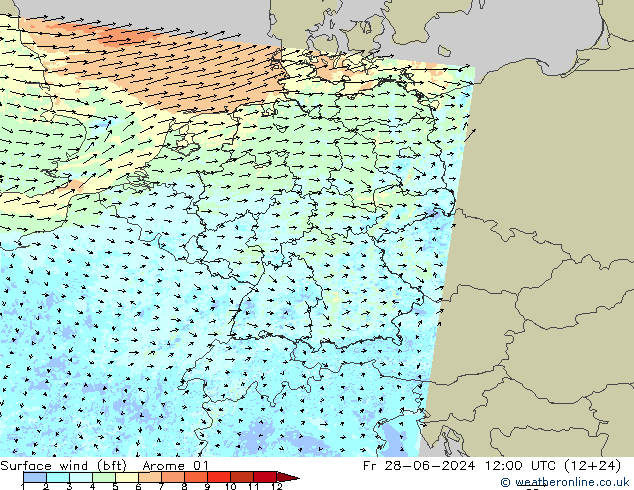 Wind 10 m (bft) Arome 01 vr 28.06.2024 12 UTC
