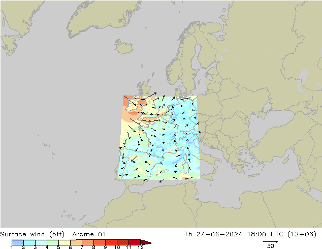 Wind 10 m (bft) Arome 01 do 27.06.2024 18 UTC