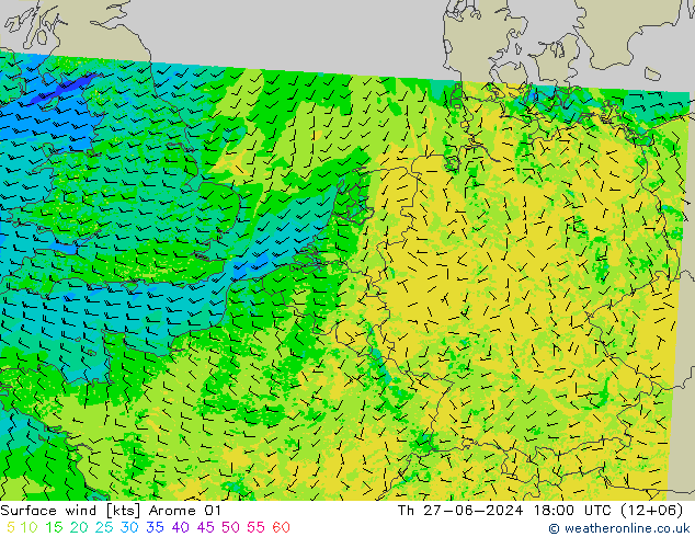 风 10 米 Arome 01 星期四 27.06.2024 18 UTC