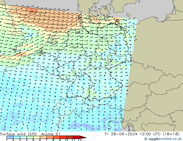 Surface wind (bft) Arome 01 Fr 28.06.2024 12 UTC