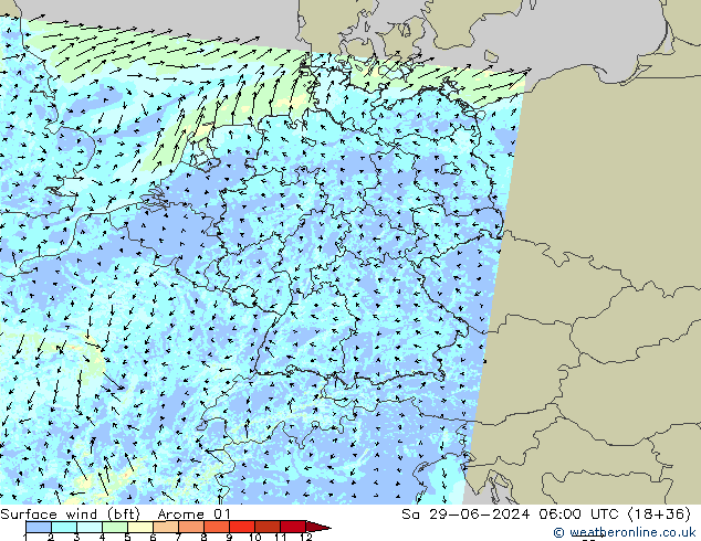 Wind 10 m (bft) Arome 01 za 29.06.2024 06 UTC
