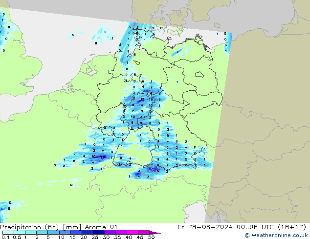 Totale neerslag (6h) Arome 01 vr 28.06.2024 06 UTC