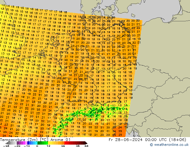 Temperatuurkaart (2m) Arome 01 vr 28.06.2024 00 UTC