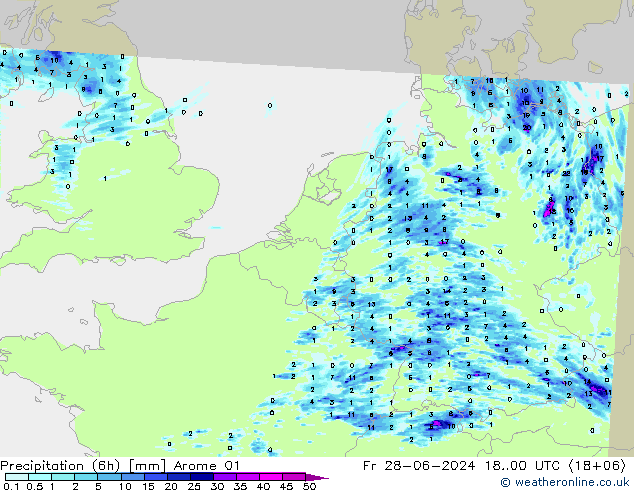 Precipitation (6h) Arome 01 Pá 28.06.2024 00 UTC