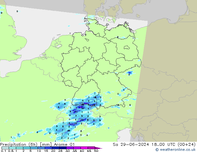 Totale neerslag (6h) Arome 01 za 29.06.2024 00 UTC