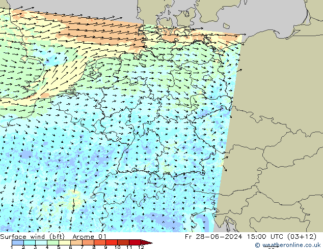 Bodenwind (bft) Arome 01 Fr 28.06.2024 15 UTC