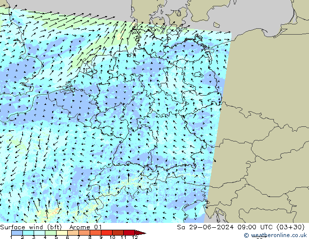 Wind 10 m (bft) Arome 01 za 29.06.2024 09 UTC