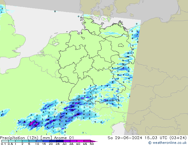 Totale neerslag (12h) Arome 01 za 29.06.2024 03 UTC