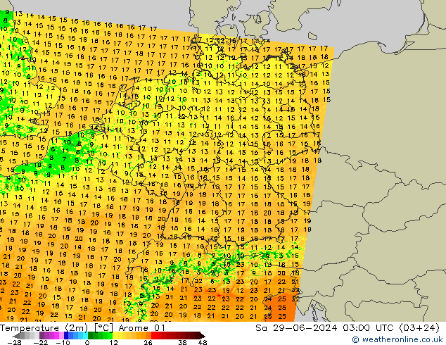 Temperatuurkaart (2m) Arome 01 za 29.06.2024 03 UTC