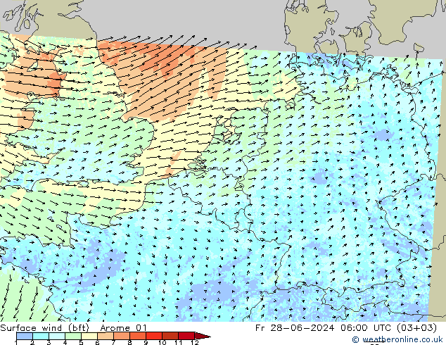 Wind 10 m (bft) Arome 01 vr 28.06.2024 06 UTC