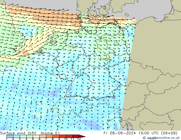 Wind 10 m (bft) Arome 01 vr 28.06.2024 15 UTC