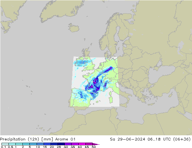 Totale neerslag (12h) Arome 01 za 29.06.2024 18 UTC