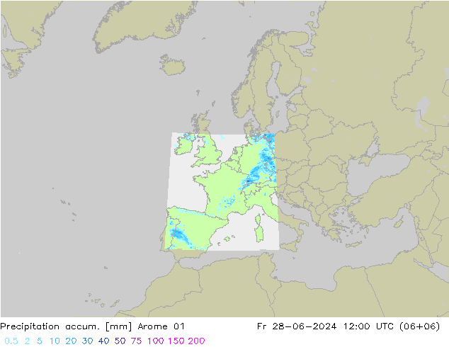 Precipitation accum. Arome 01 星期五 28.06.2024 12 UTC