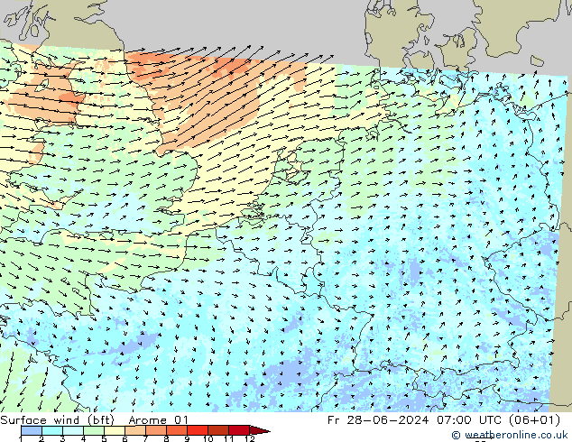 Wind 10 m (bft) Arome 01 vr 28.06.2024 07 UTC