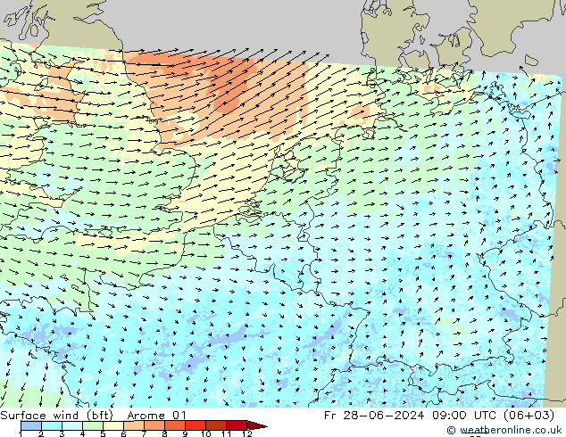 Wind 10 m (bft) Arome 01 vr 28.06.2024 09 UTC