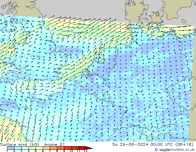 Wind 10 m (bft) Arome 01 za 29.06.2024 00 UTC