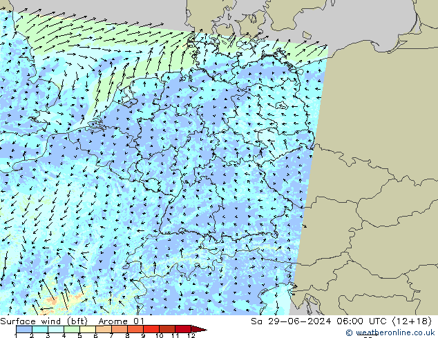 Wind 10 m (bft) Arome 01 za 29.06.2024 06 UTC