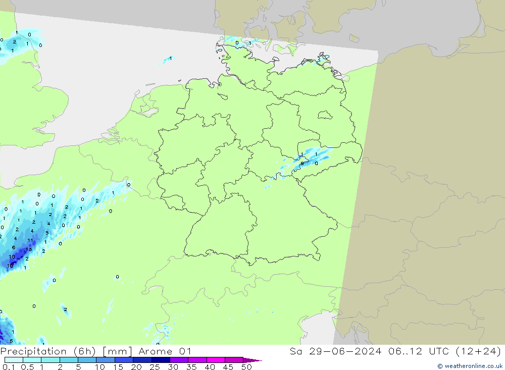 降水量 (6h) Arome 01 星期六 29.06.2024 12 UTC