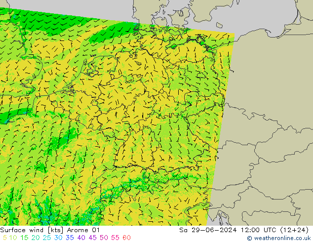 风 10 米 Arome 01 星期六 29.06.2024 12 UTC