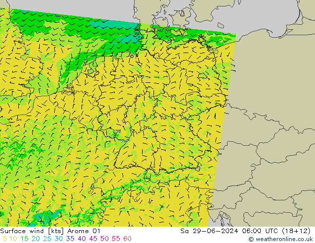 风 10 米 Arome 01 星期六 29.06.2024 06 UTC