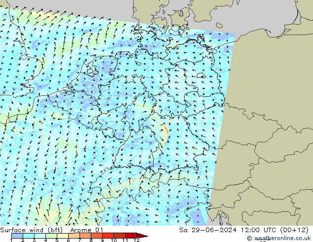 Wind 10 m (bft) Arome 01 za 29.06.2024 12 UTC