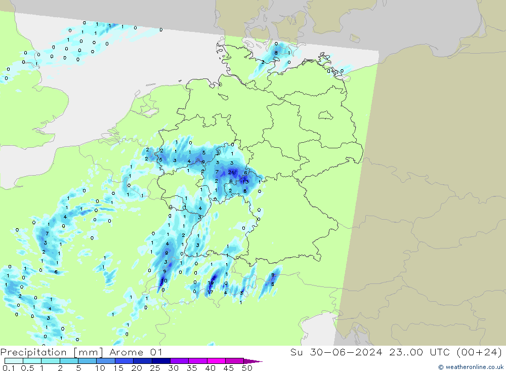 Neerslag Arome 01 zo 30.06.2024 00 UTC