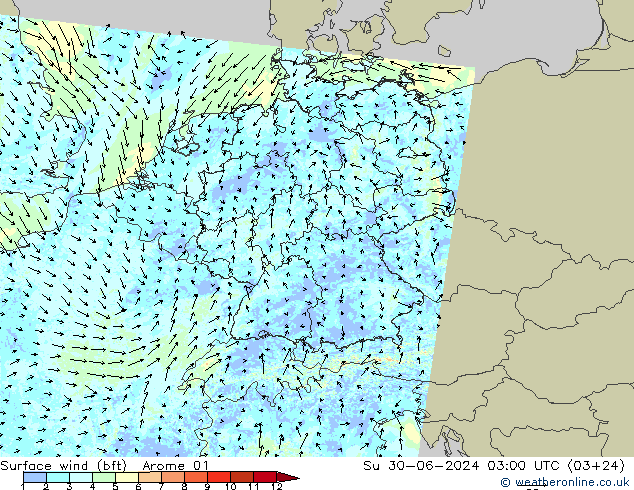 Wind 10 m (bft) Arome 01 zo 30.06.2024 03 UTC