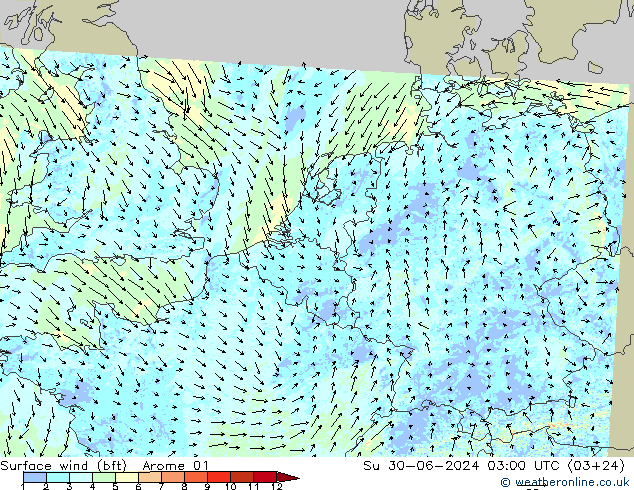 Wind 10 m (bft) Arome 01 zo 30.06.2024 03 UTC