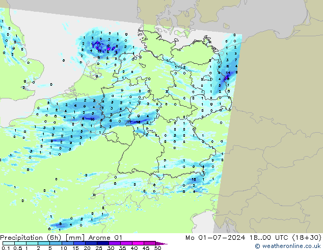 Totale neerslag (6h) Arome 01 ma 01.07.2024 00 UTC
