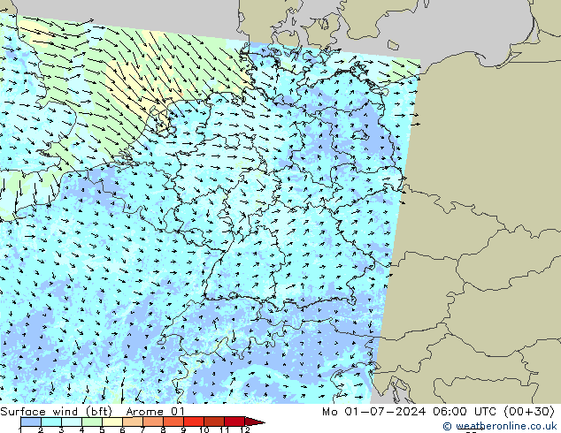 Wind 10 m (bft) Arome 01 ma 01.07.2024 06 UTC