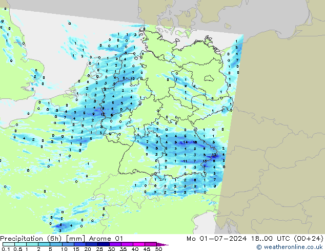 Totale neerslag (6h) Arome 01 ma 01.07.2024 00 UTC