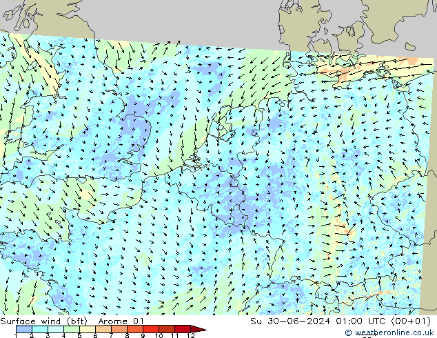 Wind 10 m (bft) Arome 01 zo 30.06.2024 01 UTC