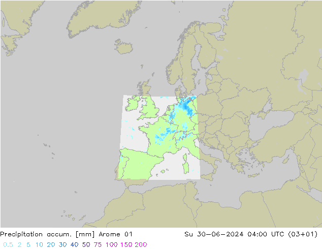 Precipitation accum. Arome 01 星期日 30.06.2024 04 UTC