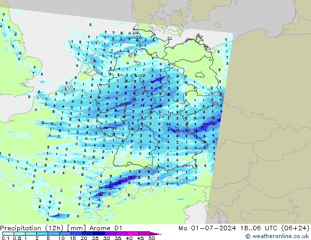 降水量 (12h) Arome 01 星期一 01.07.2024 06 UTC