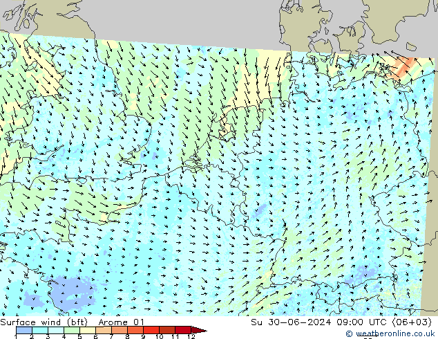 Wind 10 m (bft) Arome 01 zo 30.06.2024 09 UTC