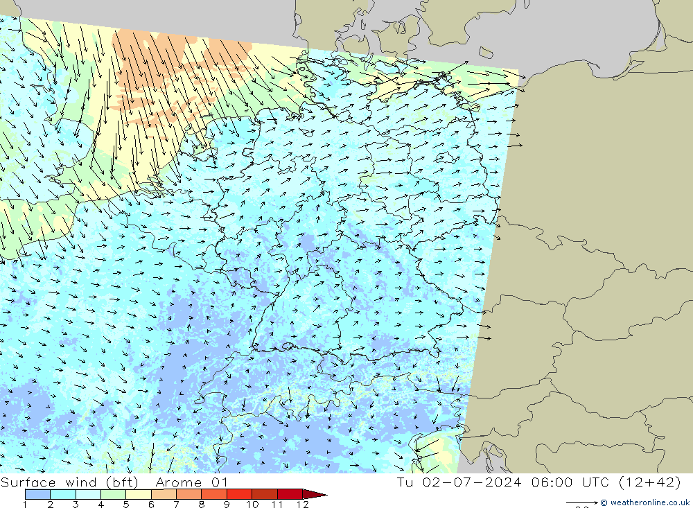 Wind 10 m (bft) Arome 01 di 02.07.2024 06 UTC
