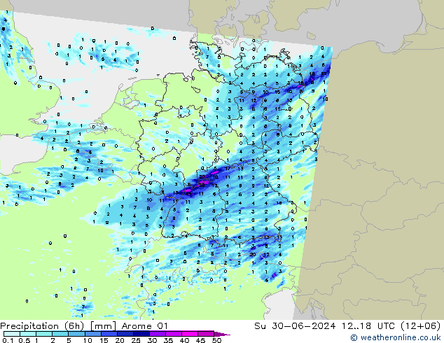 降水量 (6h) Arome 01 星期日 30.06.2024 18 UTC