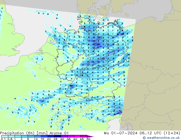 降水量 (6h) Arome 01 星期一 01.07.2024 12 UTC