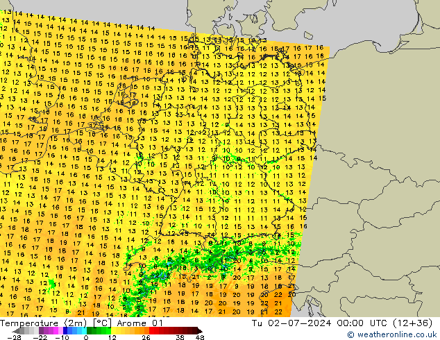 Temperatuurkaart (2m) Arome 01 di 02.07.2024 00 UTC