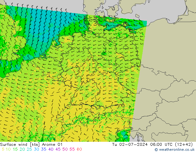风 10 米 Arome 01 星期二 02.07.2024 06 UTC