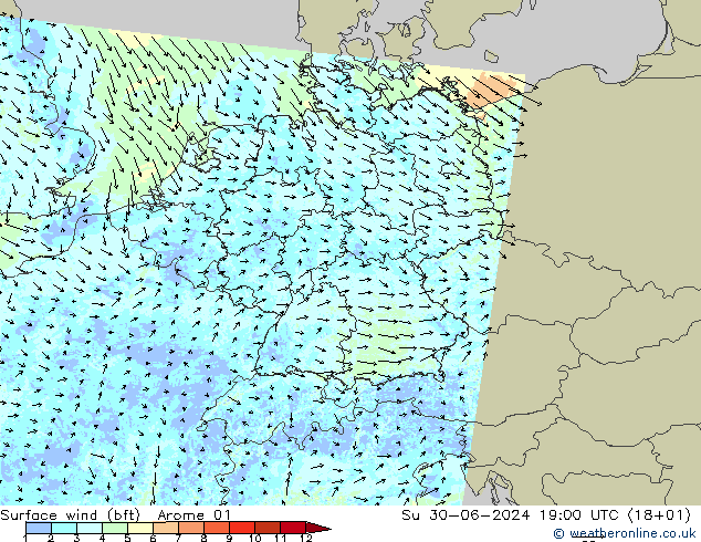 Wind 10 m (bft) Arome 01 zo 30.06.2024 19 UTC