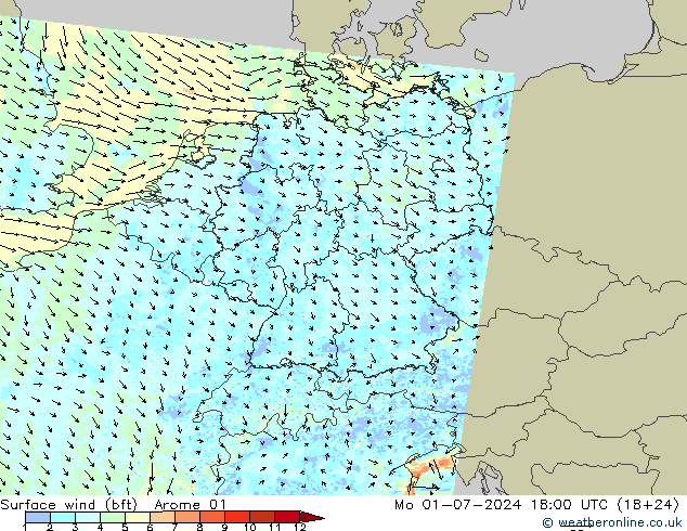 Wind 10 m (bft) Arome 01 ma 01.07.2024 18 UTC