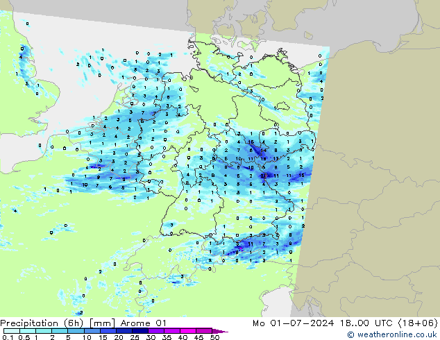 降水量 (6h) Arome 01 星期一 01.07.2024 00 UTC