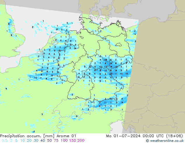 Precipitation accum. Arome 01 星期一 01.07.2024 00 UTC