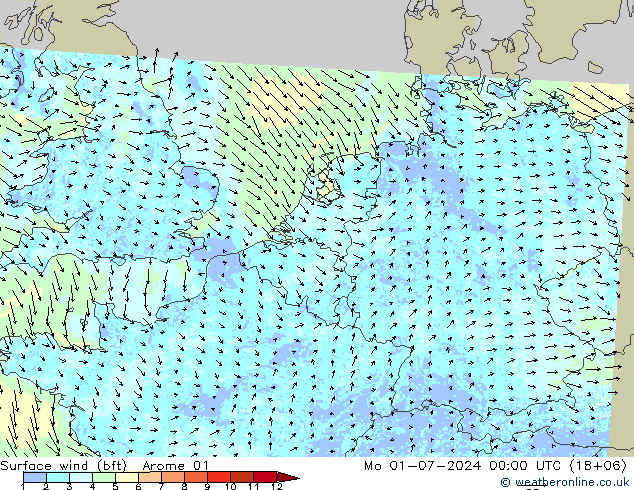 Wind 10 m (bft) Arome 01 ma 01.07.2024 00 UTC