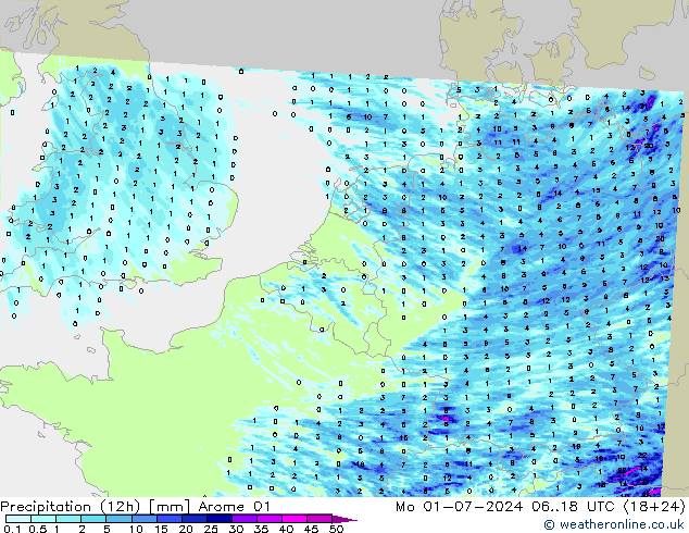 降水量 (12h) Arome 01 星期一 01.07.2024 18 UTC